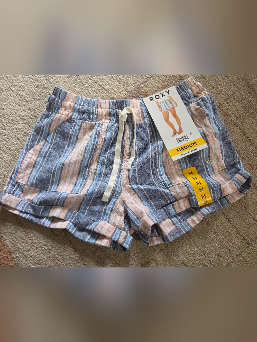 NWT Roxy Striped Pull-On Shorts Blue Pink Elastic Waist Medium 🌊✨